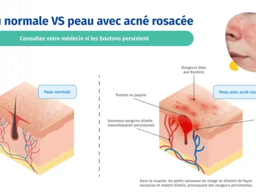 Comparaison peau normale et peau avec rosacée pustuleuse. L'image montre des pustules, rougeurs et vaisseaux dilatés caractéristiques de la rosacée.