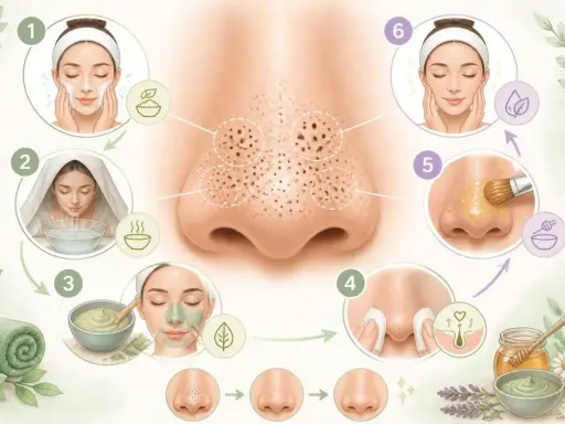 Étapes pour l'extraction de gros points noirs sur le nez : nettoyage, vapeur, masque, extraction douce, application de miel et soin final.