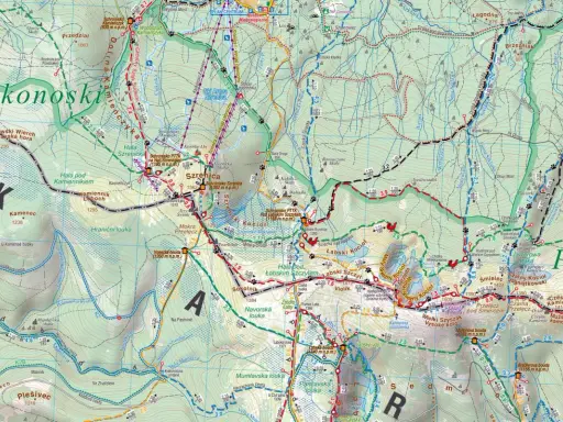 Góry Izerskie na mapie turystycznej. Widoczne szlaki, schroniska, szczyty i doliny.