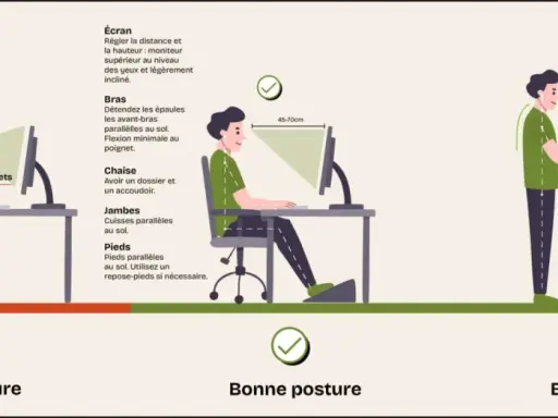 Illustration comparant une mauvaise posture au bureau à deux bonnes postures, assise et debout, pour un meilleur confort.