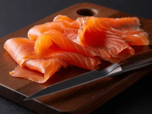 Finas lonchas de salmón ahumado, listas para disfrutar, reposan sobre una tabla de madera junto a un cuchillo afilado.