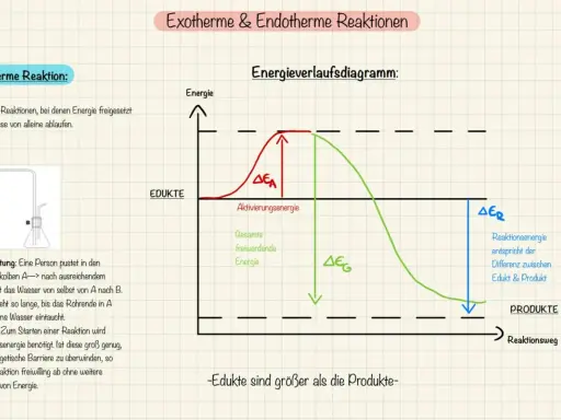 Energieverlaufsdiagramm einer exothermen Reaktion: Edukte haben mehr Energie als Produkte, die Aktivierungsenergie wird überwunden.