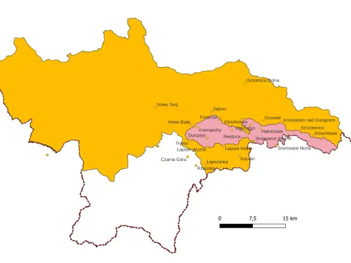 Mapa Pienin, pokazująca granice województwa i miejscowości takie jak Nowy Targ, Krościenko nad Dunajcem, Sromowce Niżne.