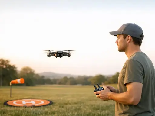 Mann mit Fernbedienung steuert Drohne im FPV-Fliegen über einem Feld mit Landeplatz.