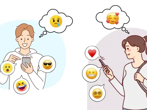En kille och en tjej använder sina mobiler. Deras tankebubblor visar olika emojis, från glädje till förvirring. Kanske funderar de på vad skam betyder i digital kommunikation.