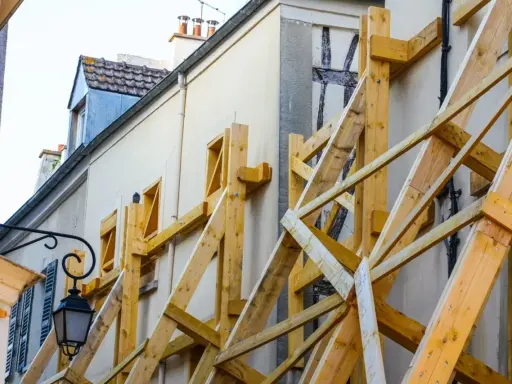 Estructura de madera para apuntalar una fachada, un ejemplo de apeo que significa soporte y seguridad.