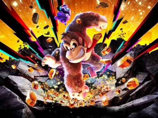 Donkey Kong w akcji, otoczony przez spadające skały i błyszczące kryształy, z kolorowymi promieniami w tle.