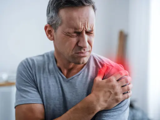 Mann mit schmerzender Schulter, die auf ein Impingement-Syndrom hindeutet, möglicherweise verschlimmert durch die Schlafposition.