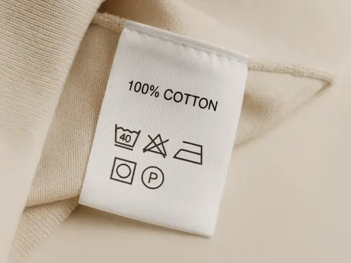 Metka z napisem "100% COTTON" informuje, że materiał to bawełna. Pielęgnacja: pranie w 40°C, nie wybielać, prasować w średniej temperaturze, można czyścić chemicznie.