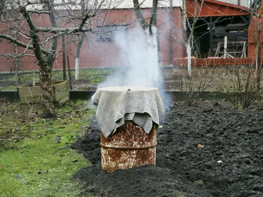 Dym unosi się z beczki, która służy jako prowizoryczna wędzarnia. Wokół niej widać ziemię i trawę.