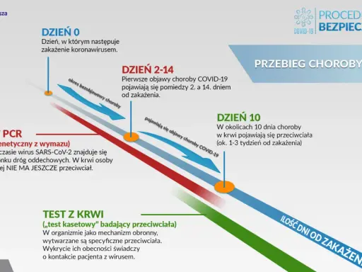 Przebieg choroby COVID-19: od zakażenia (dzień 0) do pojawienia się objawów (dzień 2-14) i przeciwciał (dzień 10). Dowiedz się, ile trwa covid.