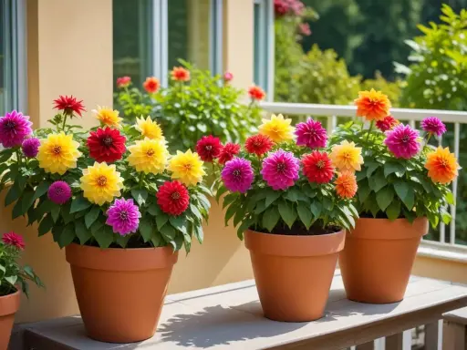 Färgglada dahlior i krukor på en altan. En vacker samplantering av dahlia i kruka som lyser upp i sommarvärmen.