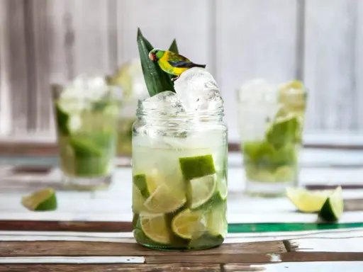 En härlig caipirinha med lime och is, dekorerad med en liten papegoja. Perfekt för ett somrigt caipirinha recept.