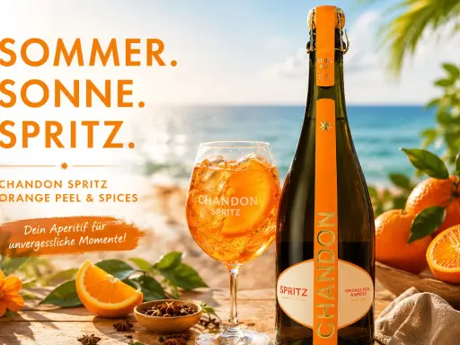 Sommer, Sonne, Spritz! Ein Glas Chandon Spritz mit Orangenscheibe und Eis steht neben der Flasche am Strand. Perfekt für unvergessliche Momente.