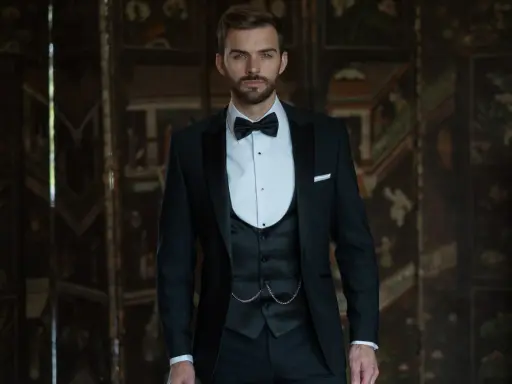 A dapper man in a black suit wedding guest attire, complete with a bow tie and waistcoat, stands confidently.