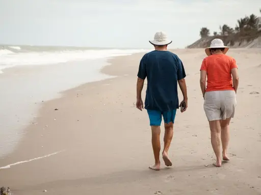 Spacerem po plaży idą emeryci. Słońce, morze i piasek tworzą idealne tło dla ich wspólnego wypoczynku.