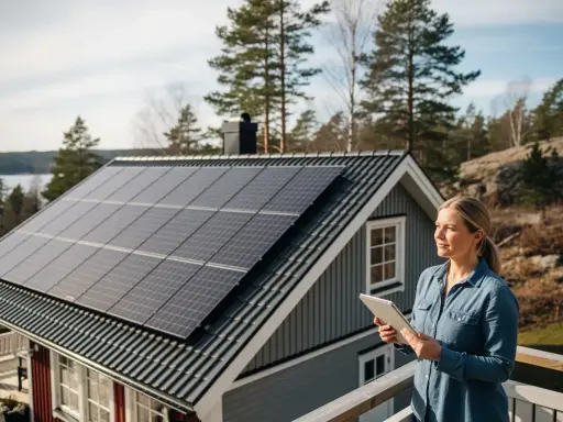 Kvinna med surfplatta inspekterar märkning solcellsanläggning på taket av ett hus i naturskön miljö.