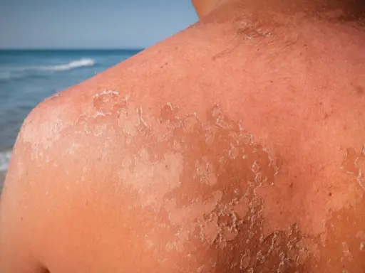 Peau qui pèle après un coup de soleil. La guérison peut prendre plusieurs jours, voire semaines.