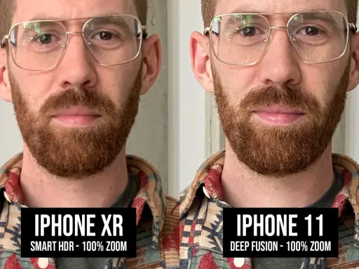 Comparación de retratos: iPhone XR con Smart HDR y iPhone 11 con deep fusion. Ambos a 100% de zoom.