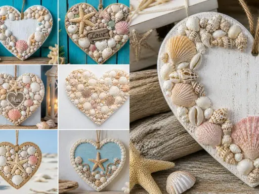 Plusieurs cœurs décoratifs faits main, ornés de coquillages et d'étoiles de mer, parfaits pour une décoration thème mer à faire soi-même.