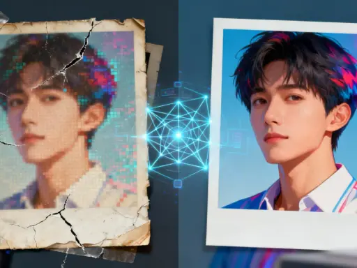 Una imagen ai transforma una foto antigua y pixelada de un joven en una versión nítida y vibrante, mostrando el poder de la tecnología.