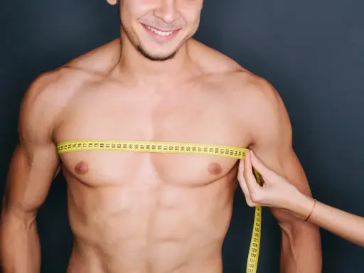 Uomo sorridente con metro da sarta al petto, per valutare se si tratta di ginecomastia o grasso.