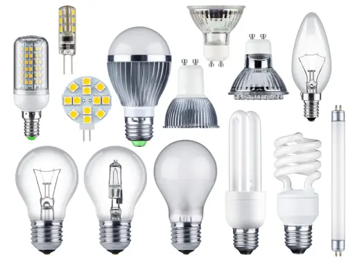 Divers ampoules : incandescence, halogène, fluocompact, et plusieurs modèles de **fonctionnement LED** illustrant l'évolution de l'éclairage.