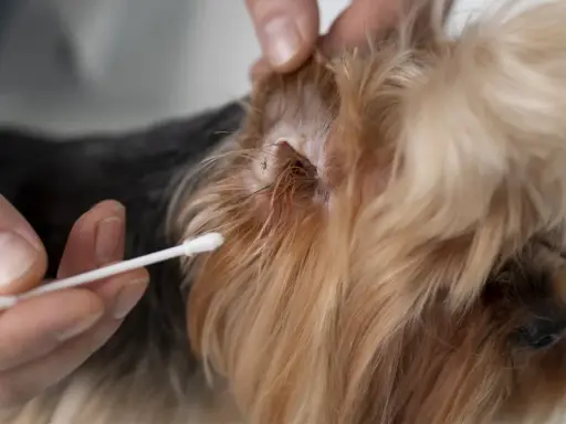 Main d'une personne tenant un coton-tige près de l'oreille d'un chien, où une tique est visible. Une solution à base de vinaigre peut aider à enlever la tique du chien.