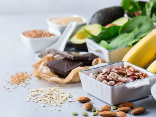 Bönor, nötter, choklad och bananer. Vissa upplever yrsel som en av magnesium biverkningar.