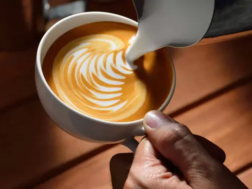 Barista gießt Milch in Kaffee für Latte Art. Der Unterschied zwischen Milchsorten beeinflusst das Ergebnis.