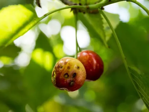 Deux cerises sur une branche, l'une est saine, l'autre montre des signes de maladie du cerisier avec des taches sombres.
