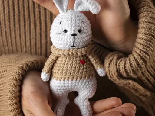 Un tierno conejito blanco con suéter tejido, parte de una colección de amigurumis originales, sostenido entre manos.