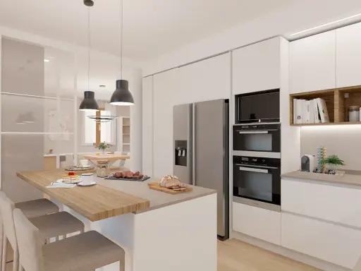 Cucina moderna con isola e sgabelli, elettrodomestici integrati e soluzioni per ottimizzare gli spazi.