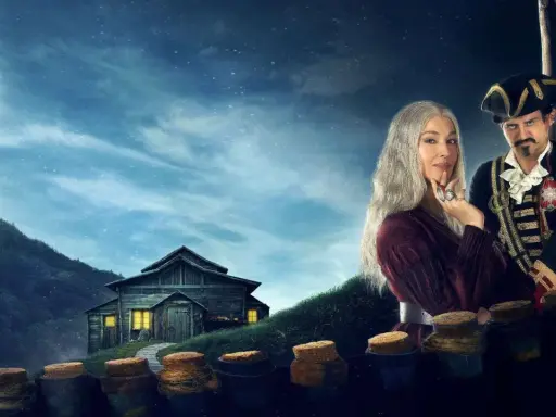 La Befana vien di notte, volando su una scopa sotto la luna piena, con un uomo in costume da pirata e una giovane donna.