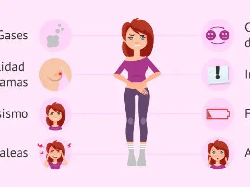 Ilustración de mujer con síntomas premenstruales: gases, sensibilidad en mamas, nerviosismo, cefaleas, cambios de humor, insomnio, fatiga y acné. Tristeza antes de la regla.