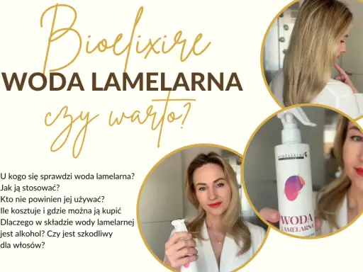 Woda lamelarna Bioélixire: poznaj jej efekty, zastosowanie i skład. Kobieta prezentuje produkt i odpowiada na pytania dotyczące pielęgnacji włosów.