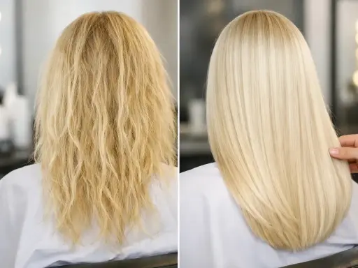 Prima e dopo: capelli decolorati, crespi e spenti trasformati in una chioma liscia, luminosa e sana.