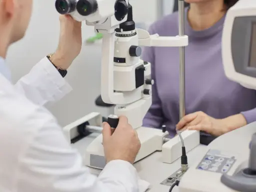Lekarz bada pacjentkę, która może mieć neuropatię nerwu wzrokowego. Badanie wzroku przy użyciu specjalistycznego sprzętu.