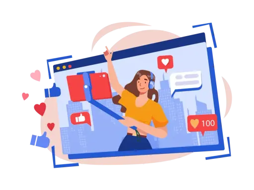 Dziewczyna z selfie stickiem nagrywa filmik. Ikony serduszek i kciuków w górę sugerują popularny wpis na bloga po angielsku tematy.