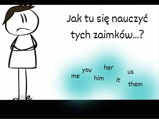 Smutna postać zastanawia się: "Jak tu się nauczyć tych zaimków...?". Widać słowa: me, you, him, her, it, us, them.