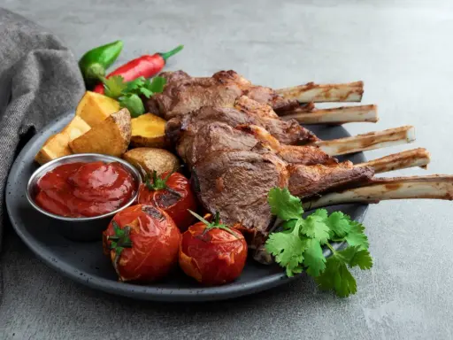 A perfectly grilled comber jagnięcy, served with roasted tomatoes, potato wedges, chili peppers, and a side of ketchup.