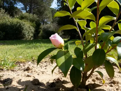 Un camélia en pot, avec un bouton rose pâle prêt à éclore, se dresse sur un sol sablonneux, entouré de verdure luxuriante.