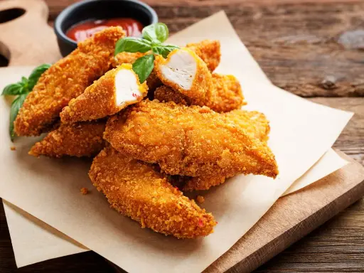 Bocconcini di pollo dorati e croccanti, cotti in friggitrice ad aria, serviti con basilico fresco e salsa.