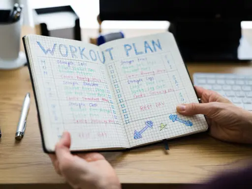 Ein offenes Notizbuch mit einem Trainingsplan, der Übungen und Ruhetage auflistet. Der Plan ist in Spalten für die Tage der Woche unterteilt, mit Kästchen zum Abhaken. Der 3er Split ist klar erkennbar.
