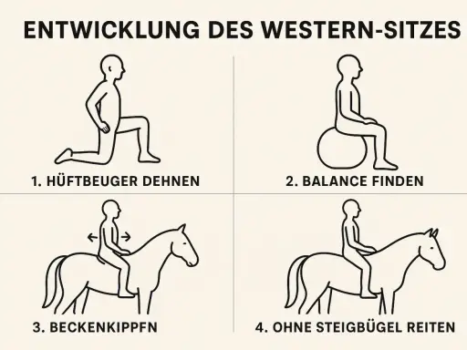 Übungen zur Entwicklung des Western-Sitzes: Hüftbeuger dehnen, Balance finden, Becken kippen und reiten ohne Steigbügel – so wird das Westernreiten gemeistert.