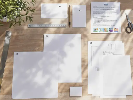 Na drewnianym biurku leżą kartki papieru w formatach A4 i A3, linijka, ołówek i nożyczki. Jedna z kartek ma nadrukowany tekst i ilustracje, przypominając materiały do druku w rozmiarze papieru letter.