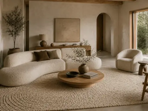 Ett lugnt, minimalistiskt hem med en böljande soffa, en rund soffbord och en fåtölj i bouclé. Naturliga material och jordnära färger skapar en harmonisk atmosfär.