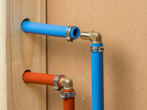 Instalacja hydrauliczna z rurami PEX. Widoczne zaciskanie PEX na złączkach, niebieska i pomarańczowa rura wychodząca z drewnianej belki.