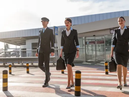 Pilot i dwie stewardessy idą przez pasy na lotnisku w Czarnogórze.