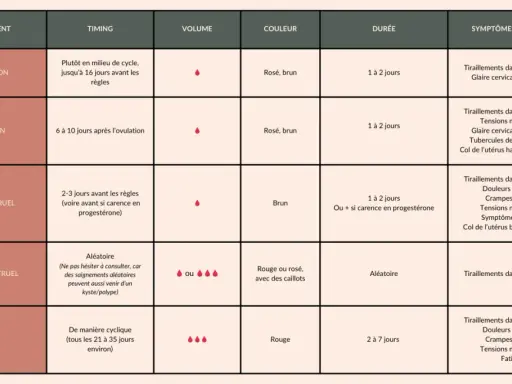 Tableau comparant différents types de saignements : ovulation, nidation, prémenstruel, intermenstruel, règles. Chaque type est décrit par son timing, volume, couleur, durée et symptômes possibles.